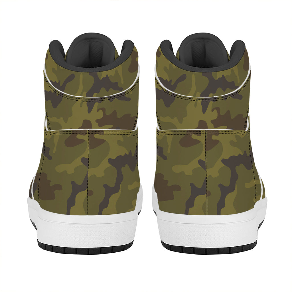 Brown Green Camouflage Print High Top Leather Sneakers