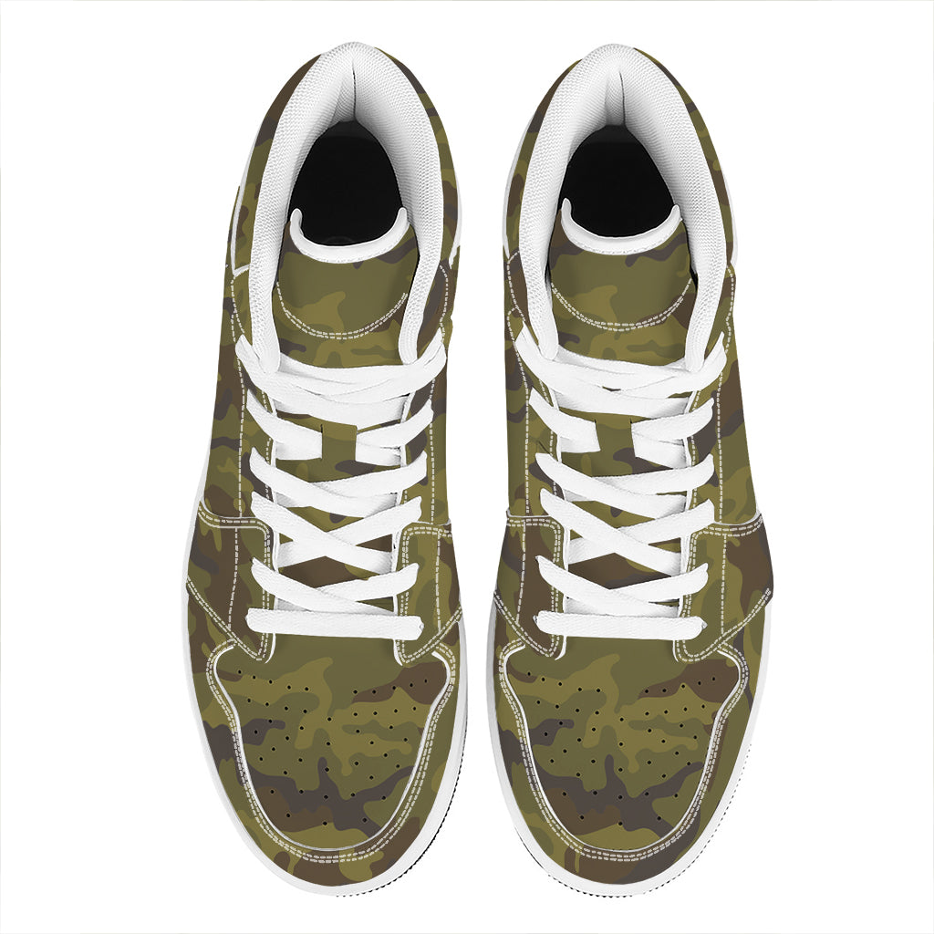 Brown Green Camouflage Print High Top Leather Sneakers