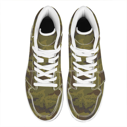 Brown Green Camouflage Print High Top Leather Sneakers