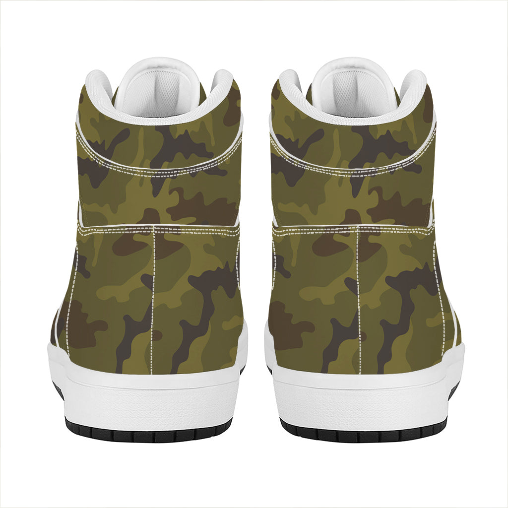 Brown Green Camouflage Print High Top Leather Sneakers