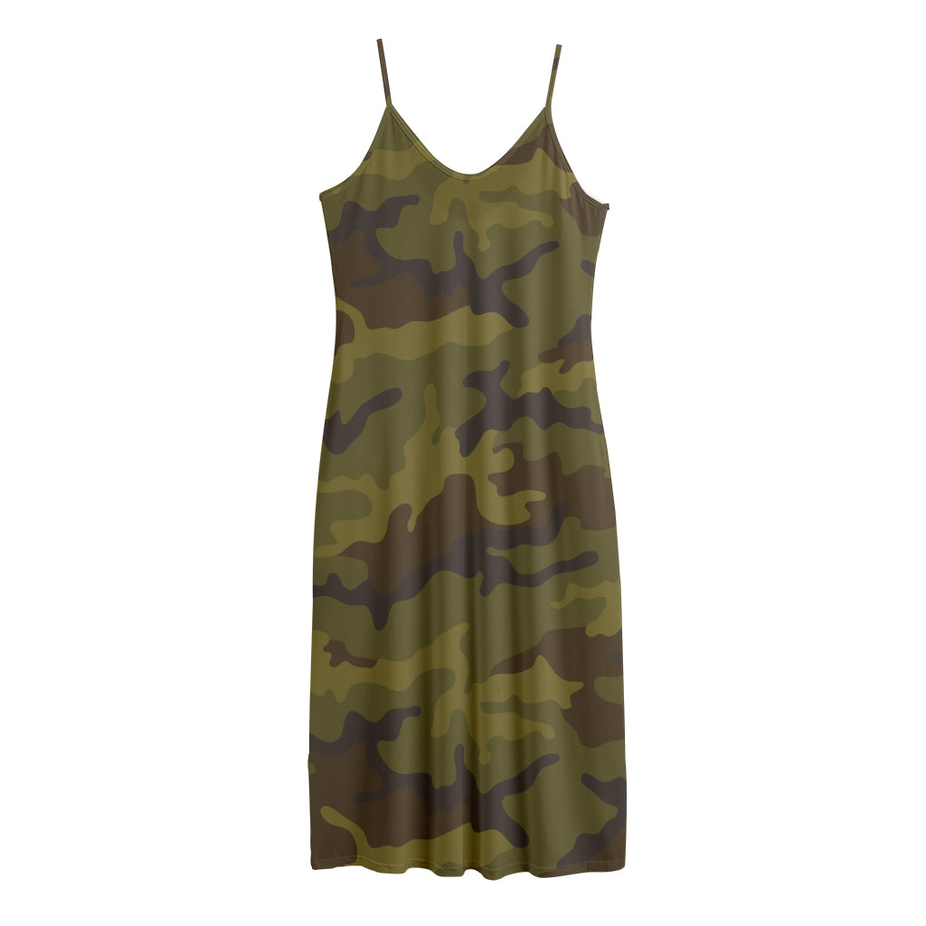 Brown Green Camouflage Print Jersey Midi Cami Dress