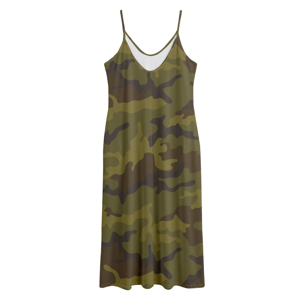 Brown Green Camouflage Print Jersey Midi Cami Dress