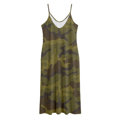 Brown Green Camouflage Print Jersey Midi Cami Dress
