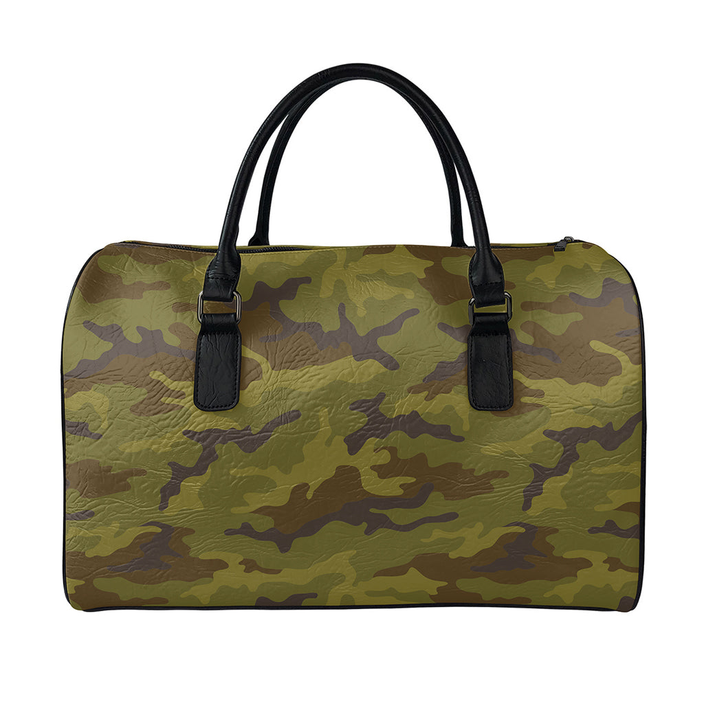 Brown Green Camouflage Print Leather Duffle Bag