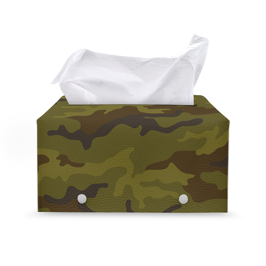 Brown Green Camouflage Print Leather Tissue Box Cover