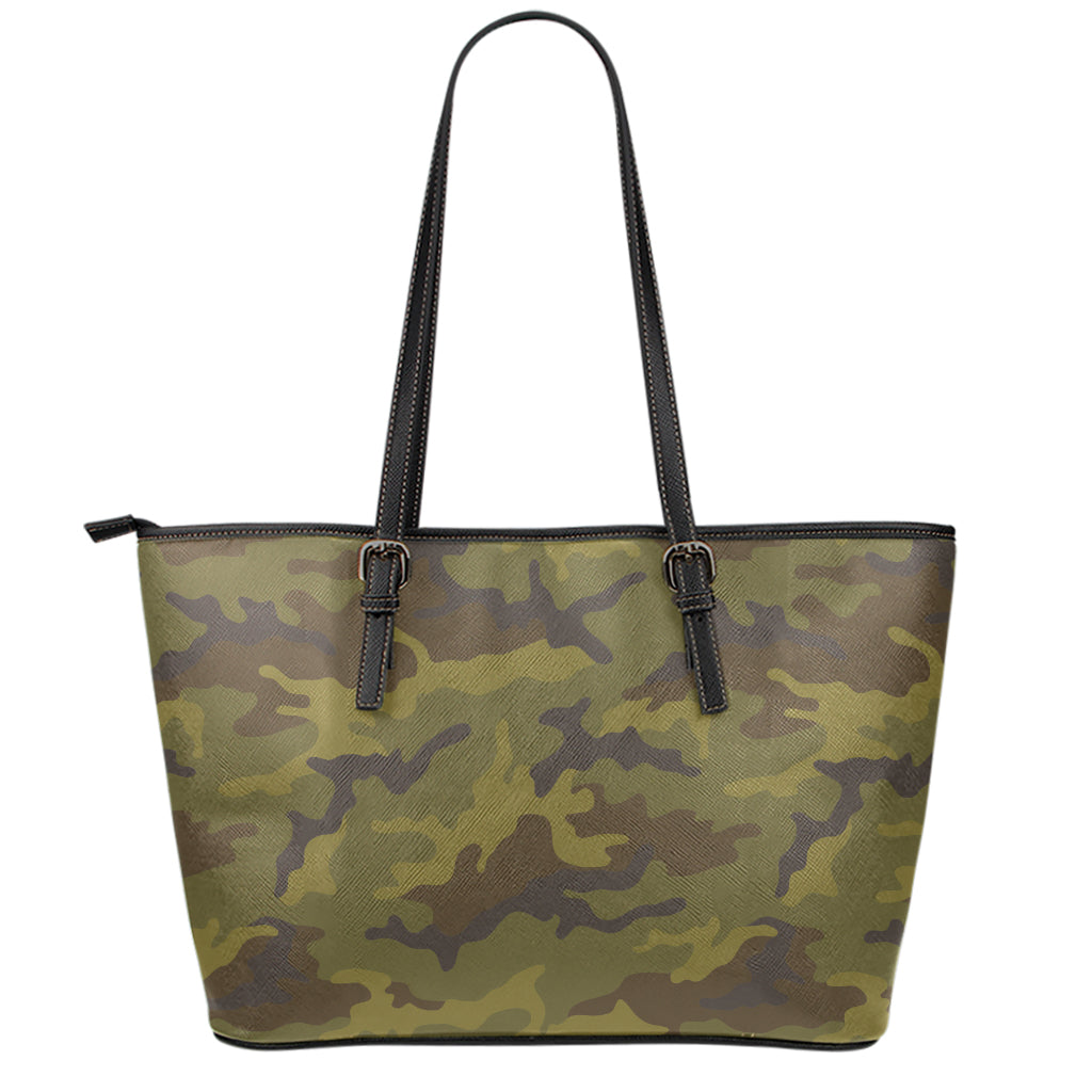 Brown Green Camouflage Print Leather Tote Bag