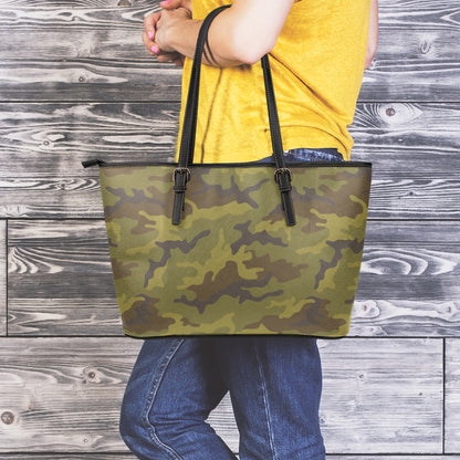 Brown Green Camouflage Print Leather Tote Bag