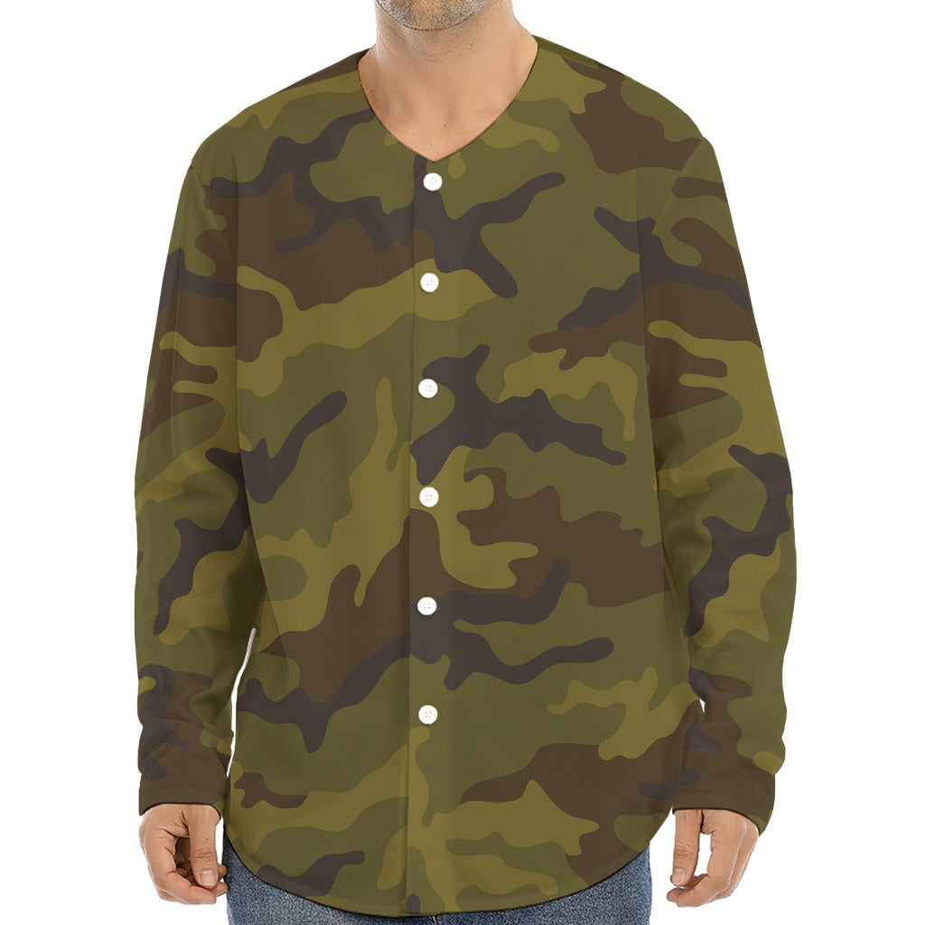 Brown Green Camouflage Print Long Sleeve Baseball Jersey