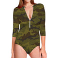 Brown Green Camouflage Print Long Sleeve Swimsuit