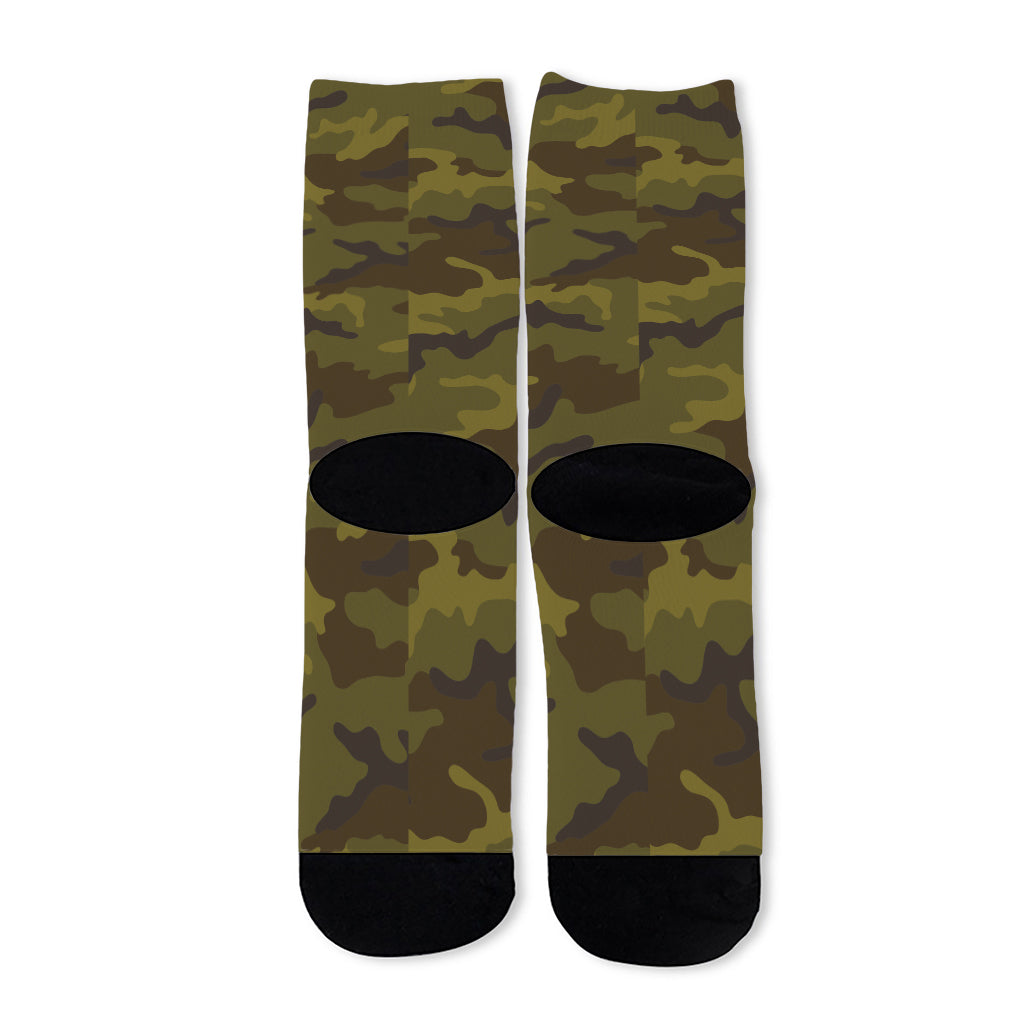 Brown Green Camouflage Print Long Socks
