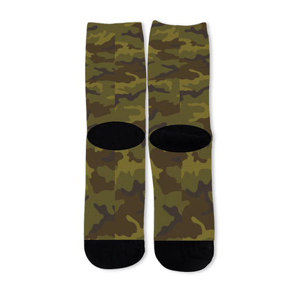 Brown Green Camouflage Print Long Socks