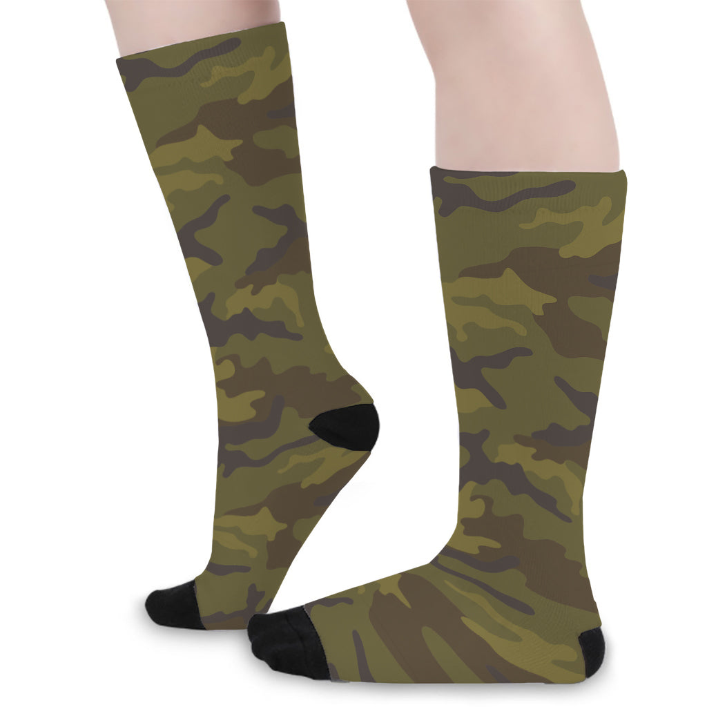 Brown Green Camouflage Print Long Socks