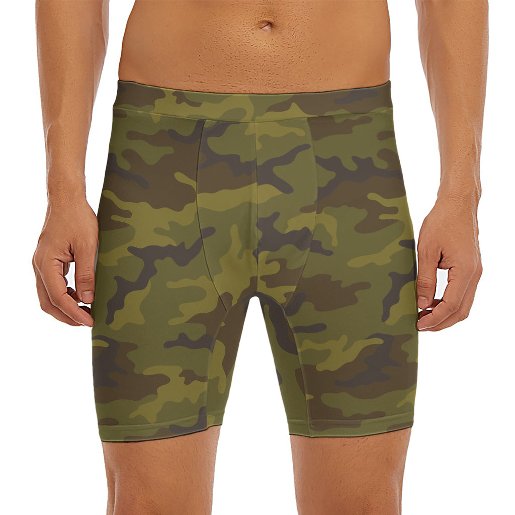 Brown Green Camouflage Print Men's Long Boxer Briefs