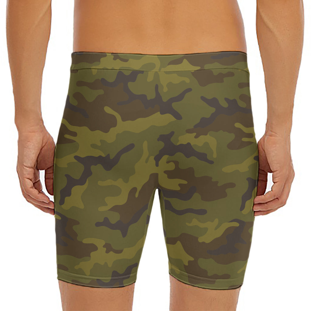 Brown Green Camouflage Print Men's Long Boxer Briefs
