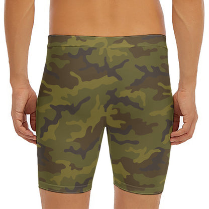 Brown Green Camouflage Print Men's Long Boxer Briefs