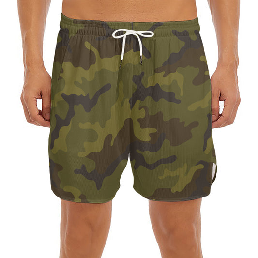 Brown Green Camouflage Print Men's Split Running Shorts