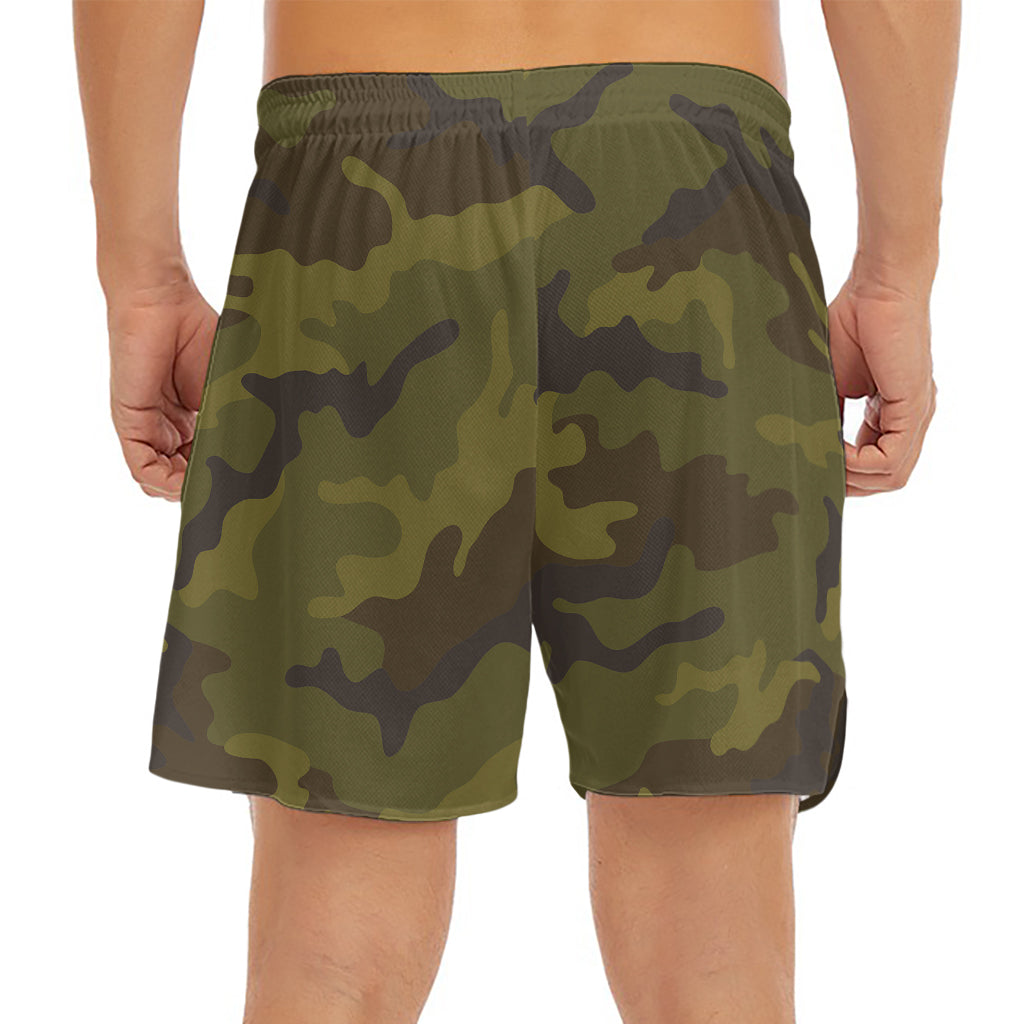 Brown Green Camouflage Print Men's Split Running Shorts