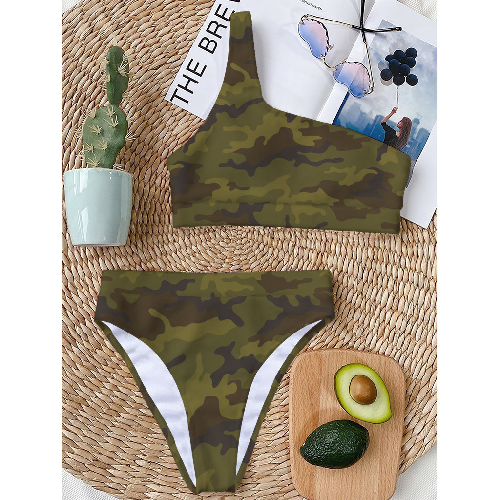 Brown Green Camouflage Print One Shoulder Bikini Top