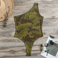 Brown Green Camouflage Print One Shoulder Bodysuit