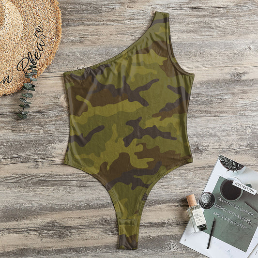 Brown Green Camouflage Print One Shoulder Bodysuit
