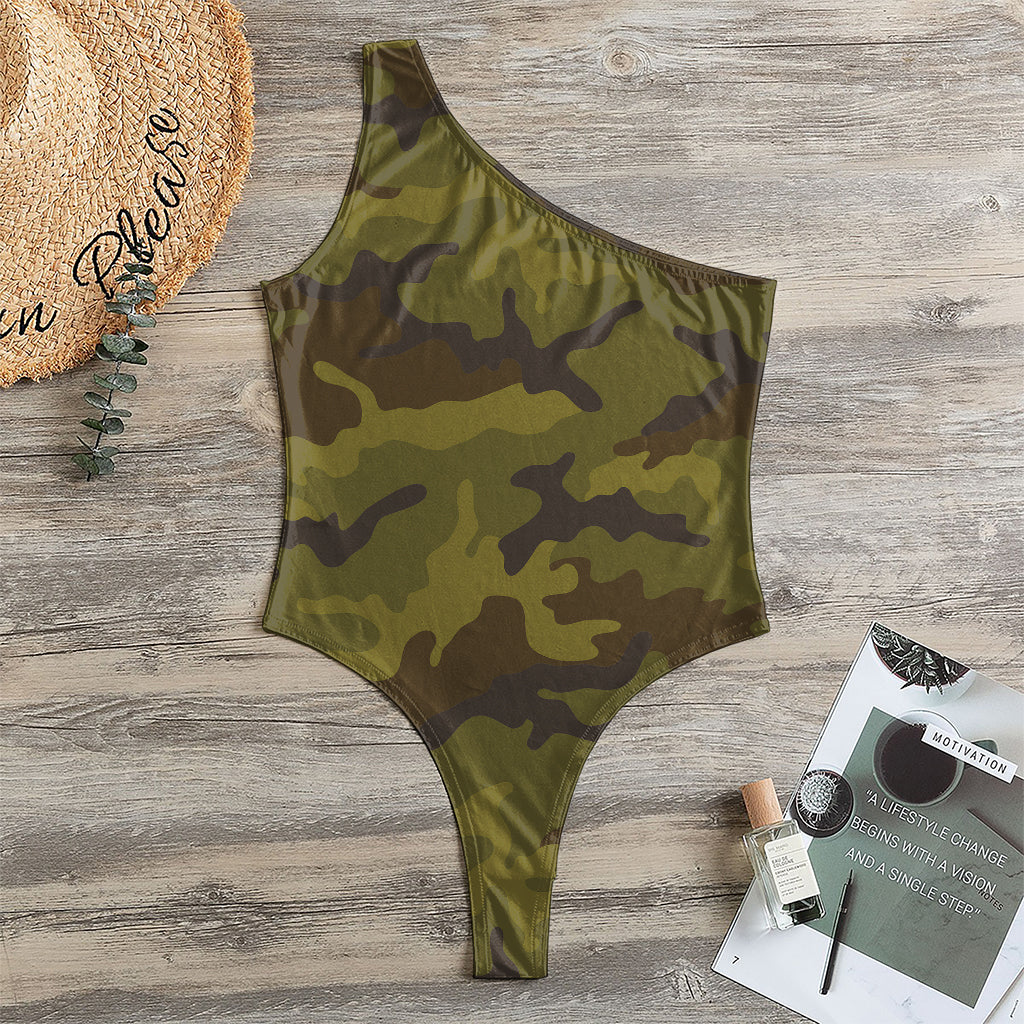 Brown Green Camouflage Print One Shoulder Bodysuit