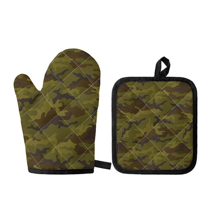 Brown Green Camouflage Print Oven Mitt And Pot Holder Set