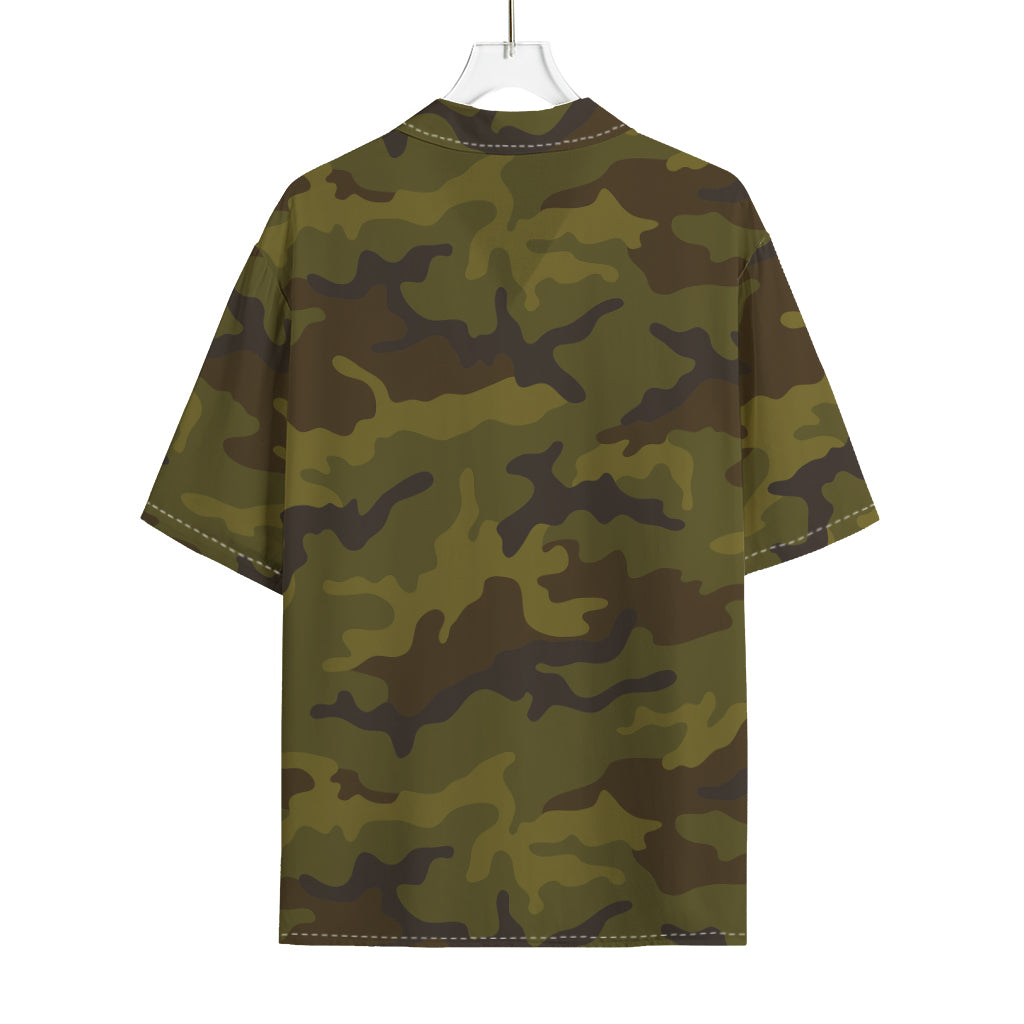 Brown Green Camouflage Print Rayon Hawaiian Shirt