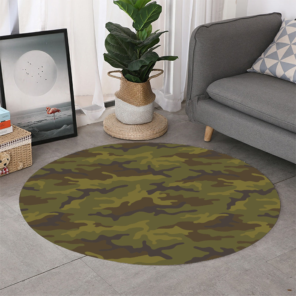 Brown Green Camouflage Print Round Rug