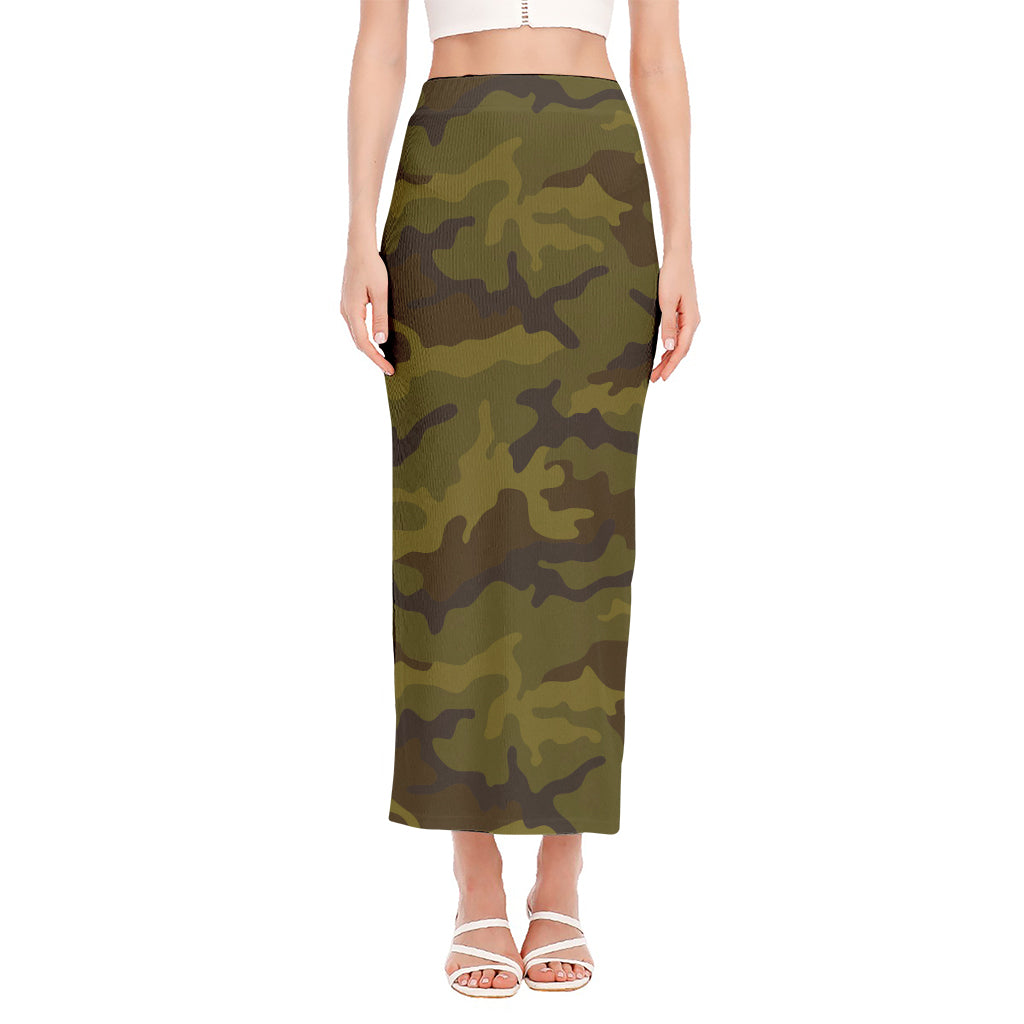 Brown Green Camouflage Print Side Slit Maxi Skirt