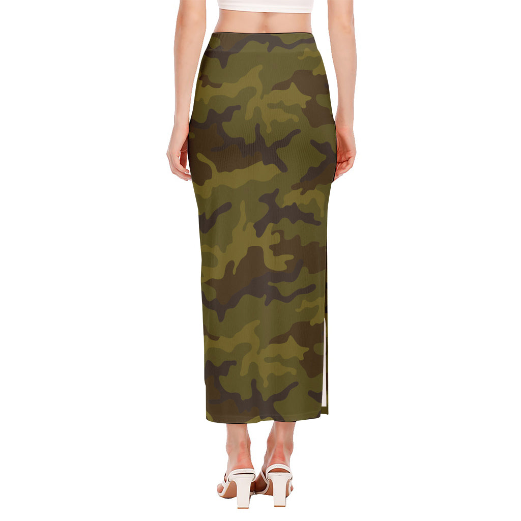 Brown Green Camouflage Print Side Slit Maxi Skirt