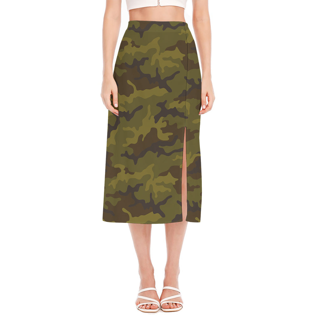 Brown Green Camouflage Print Side Slit Midi Skirt
