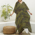 Brown Green Camouflage Print Silk V-Neck Kaftan Dress