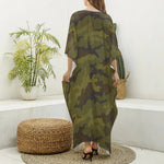 Brown Green Camouflage Print Silk V-Neck Kaftan Dress