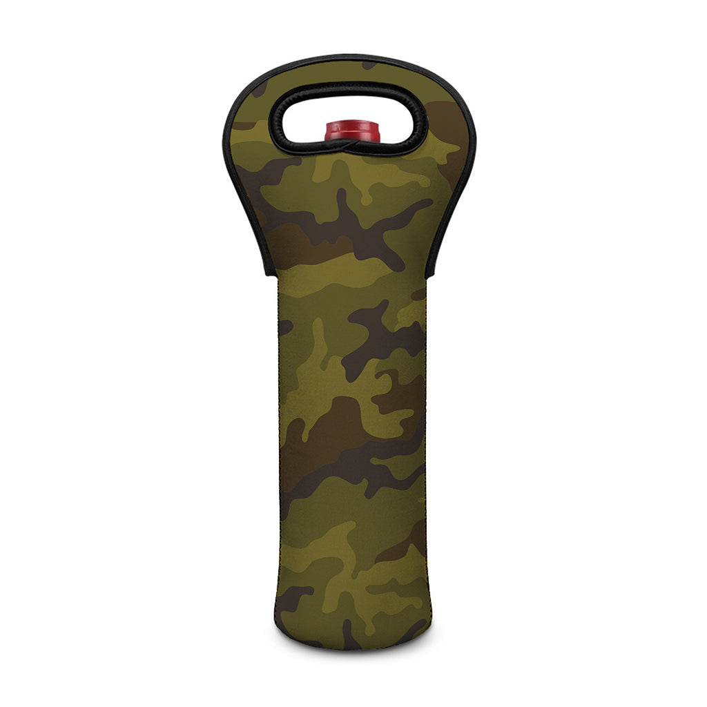 Brown Green Camouflage Print Single Neoprene Wine Tote
