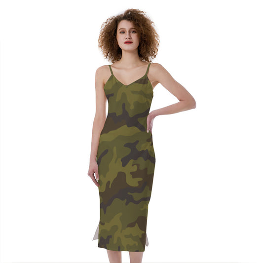 Brown Green Camouflage Print Slim Fit Midi Cami Dress
