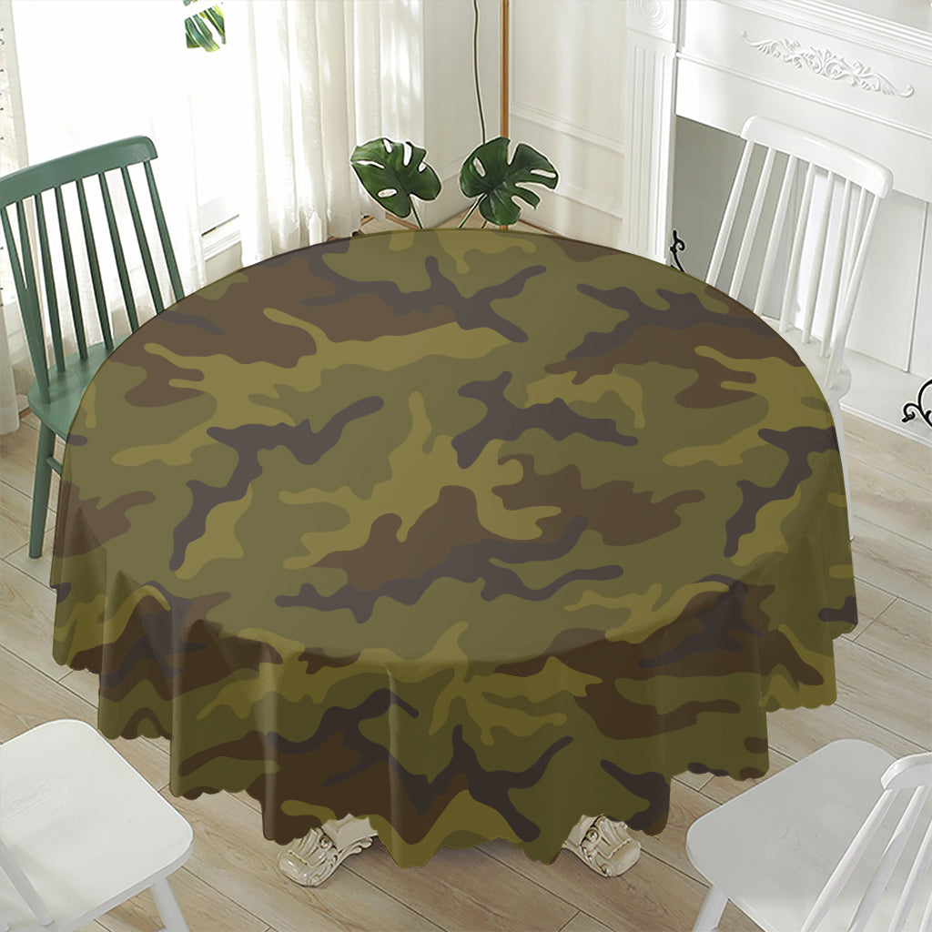 Brown Green Camouflage Print Waterproof Round Tablecloth