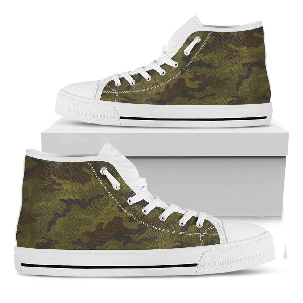 Brown Green Camouflage Print White High Top Sneakers