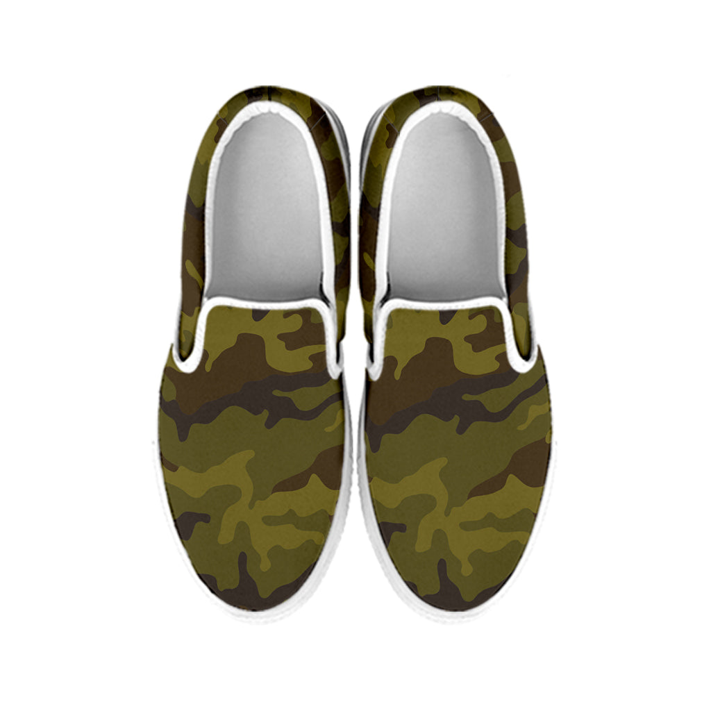 Brown Green Camouflage Print White Slip On Sneakers