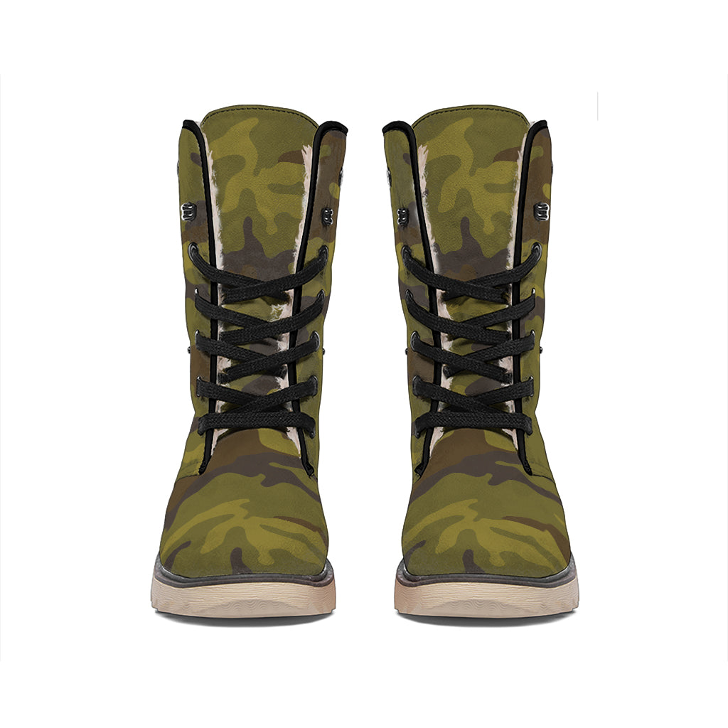 Brown Green Camouflage Print Winter Boots