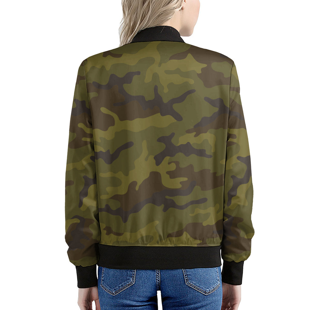 Brown Green Camouflage Print Women's Bomber Jacket