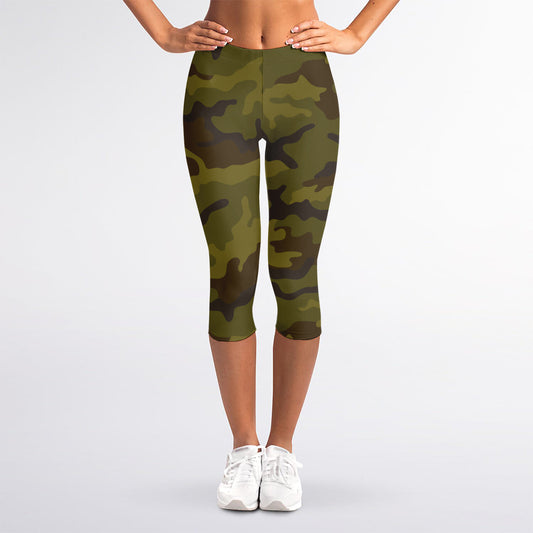Brown Green Camouflage Print Women's Capri Leggings