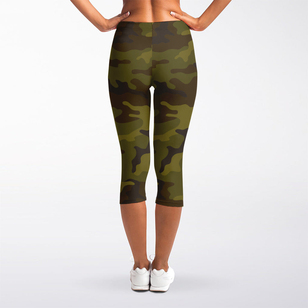 Brown Green Camouflage Print Women's Capri Leggings