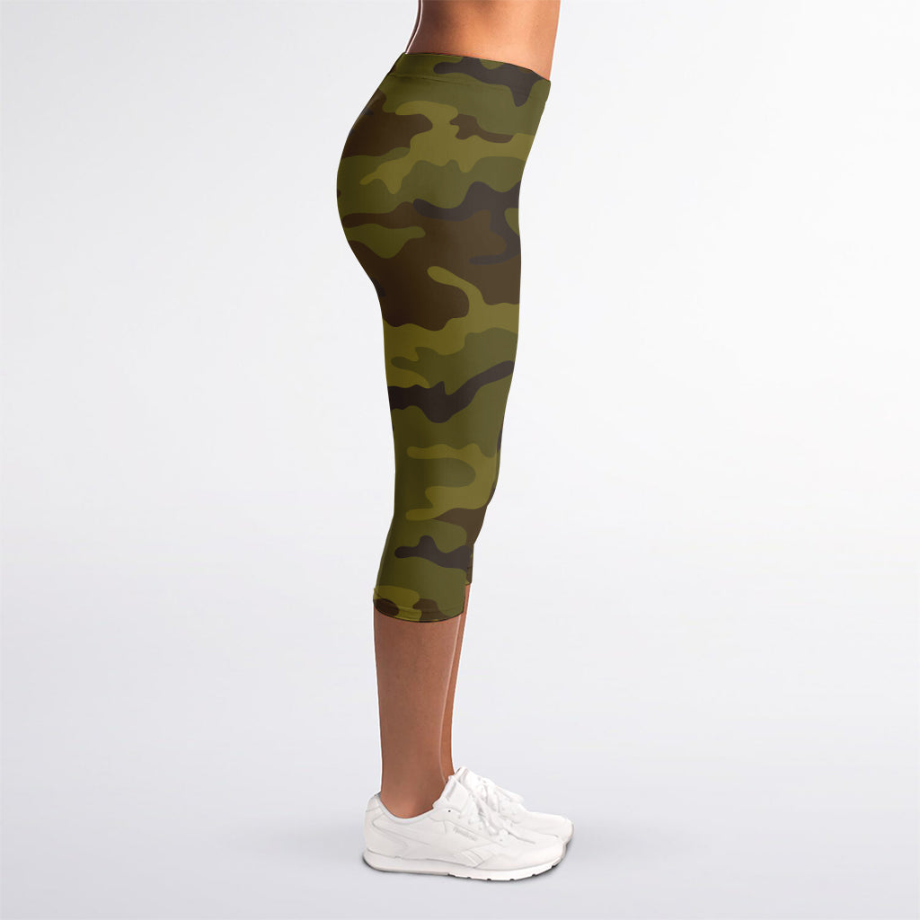 Brown Green Camouflage Print Women's Capri Leggings