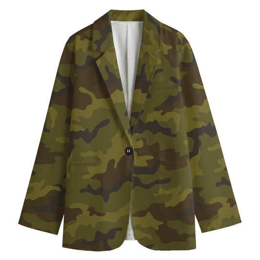Brown Green Camouflage Print Women's Cotton Blazer