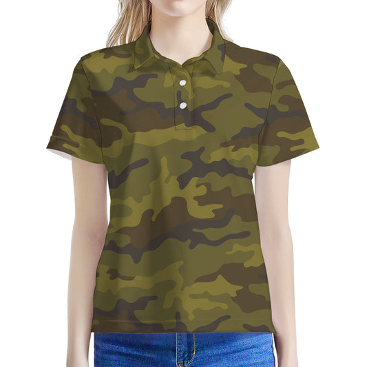 Brown Green Camouflage Print Women's Polo Shirt