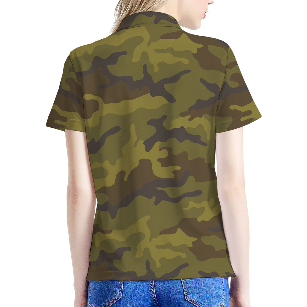 Brown Green Camouflage Print Women's Polo Shirt