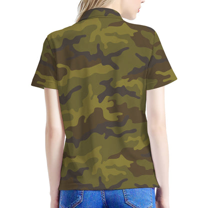 Brown Green Camouflage Print Women's Polo Shirt