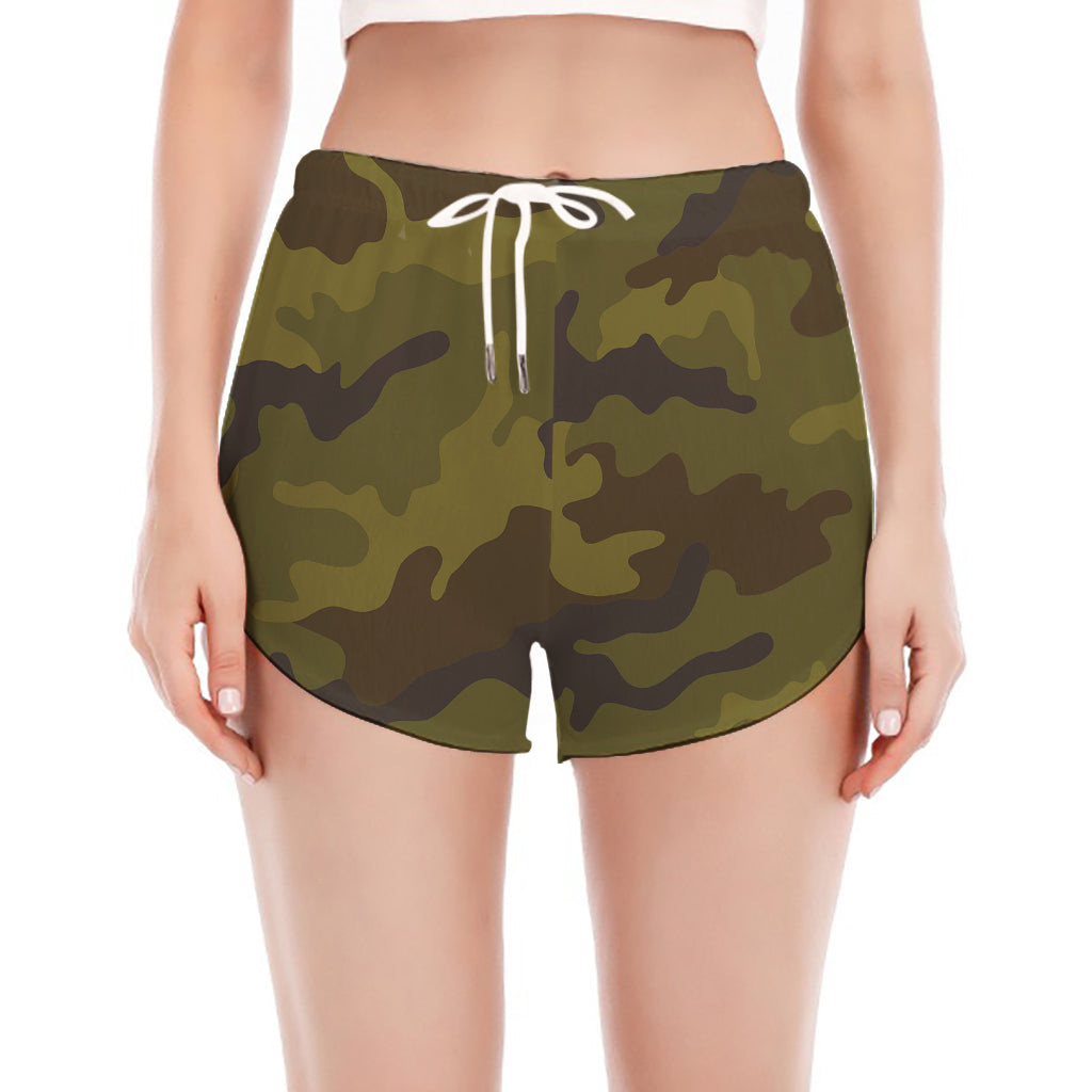 Brown Green Camouflage Print Women's Split Running Shorts