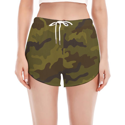 Brown Green Camouflage Print Women's Split Running Shorts
