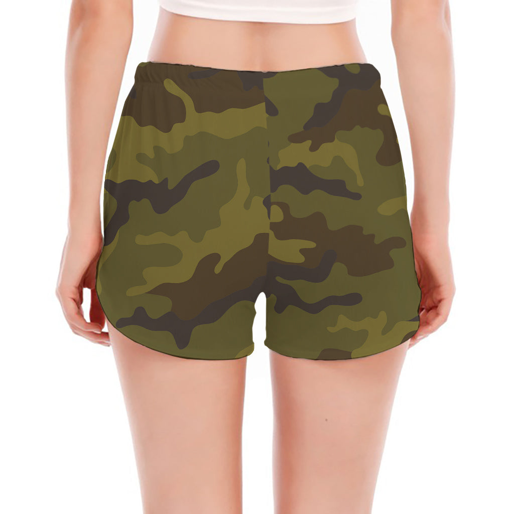 Brown Green Camouflage Print Women's Split Running Shorts